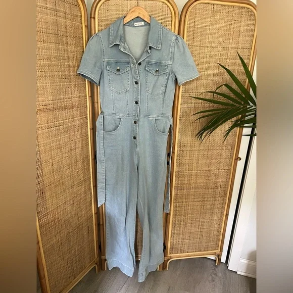 Avec Les Filles denim blue wide leg belted jumpsuit - Picture 4 of 10